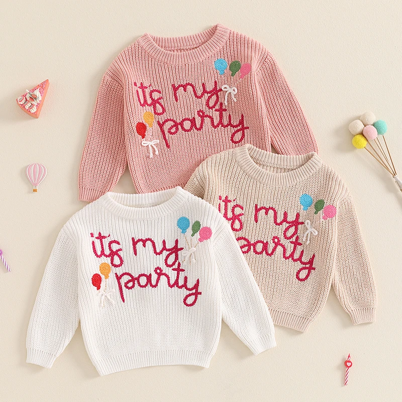 Suefunskry Toddler Baby Girl Birthday Knitted Sweater Lovely Letter Balloon Embroidery Long Sleeve Pullover Tops for Fall Winter