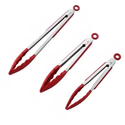 7/9/12 inch red kitchen tongs, high quality silicone, BPA free, non-stick, stainless steel BBQ cooking grill lock food tongs