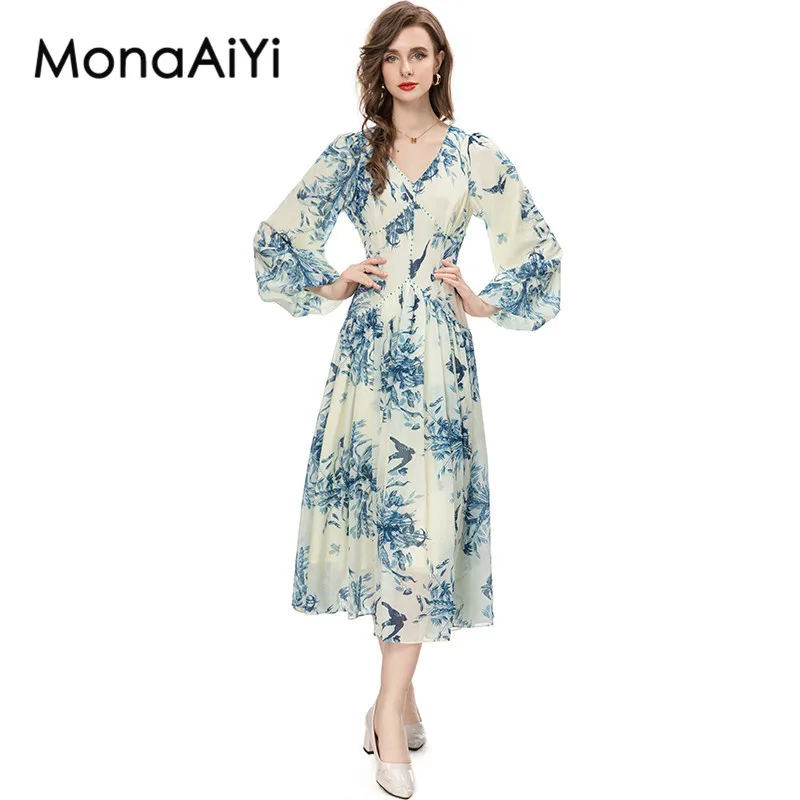 MonaAiYi Spring/Summer Fashion Designer Dress Women's V-Neck Flare Sleeve Rhinestone Blue Grain Swallow Printing Midi Dresses