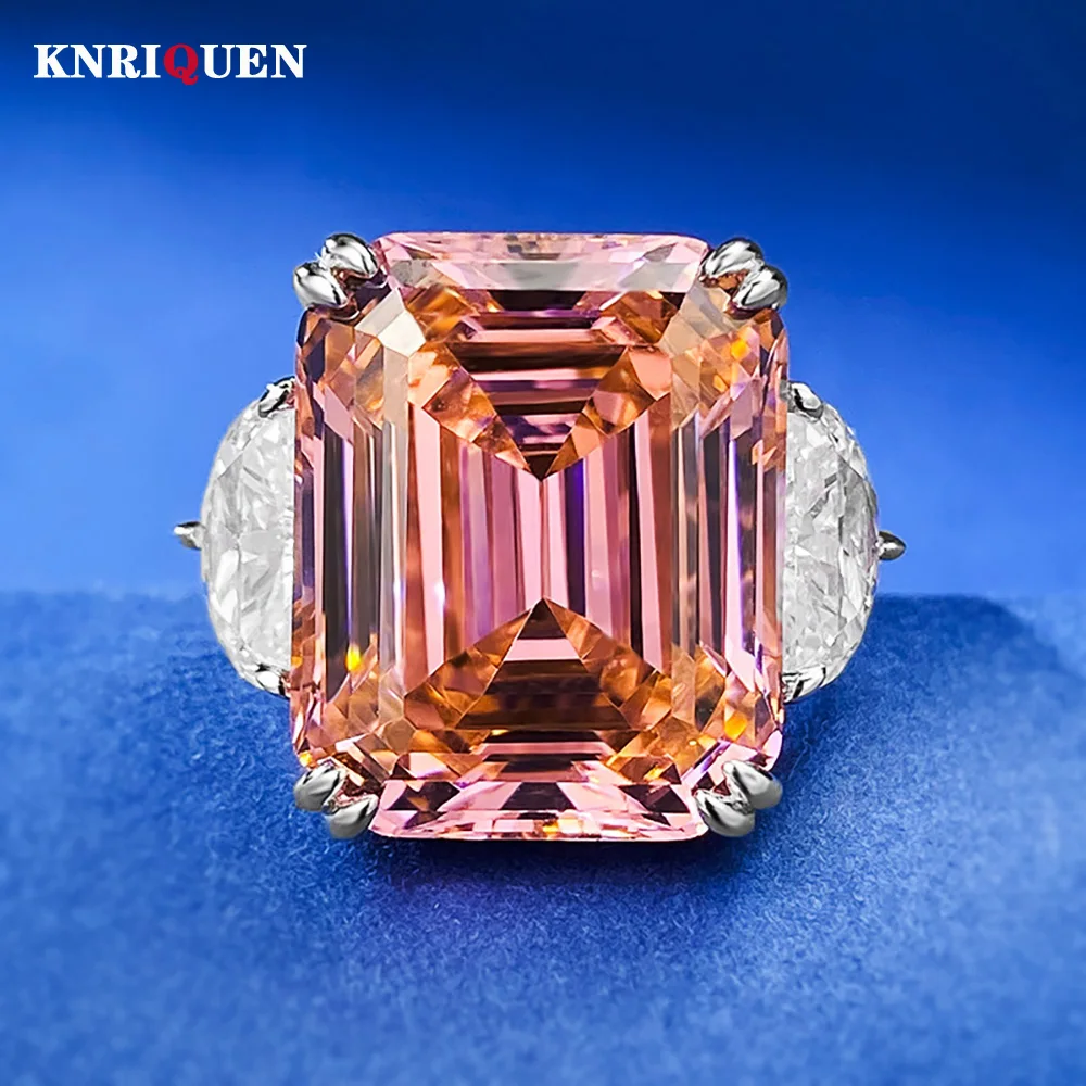 Luxury 13*16mm 15ct Emerald Cut Pink Orange Tourmaline High Carbon Diamond Rings for Women S925 Silver Rings Party Fine Jewelry