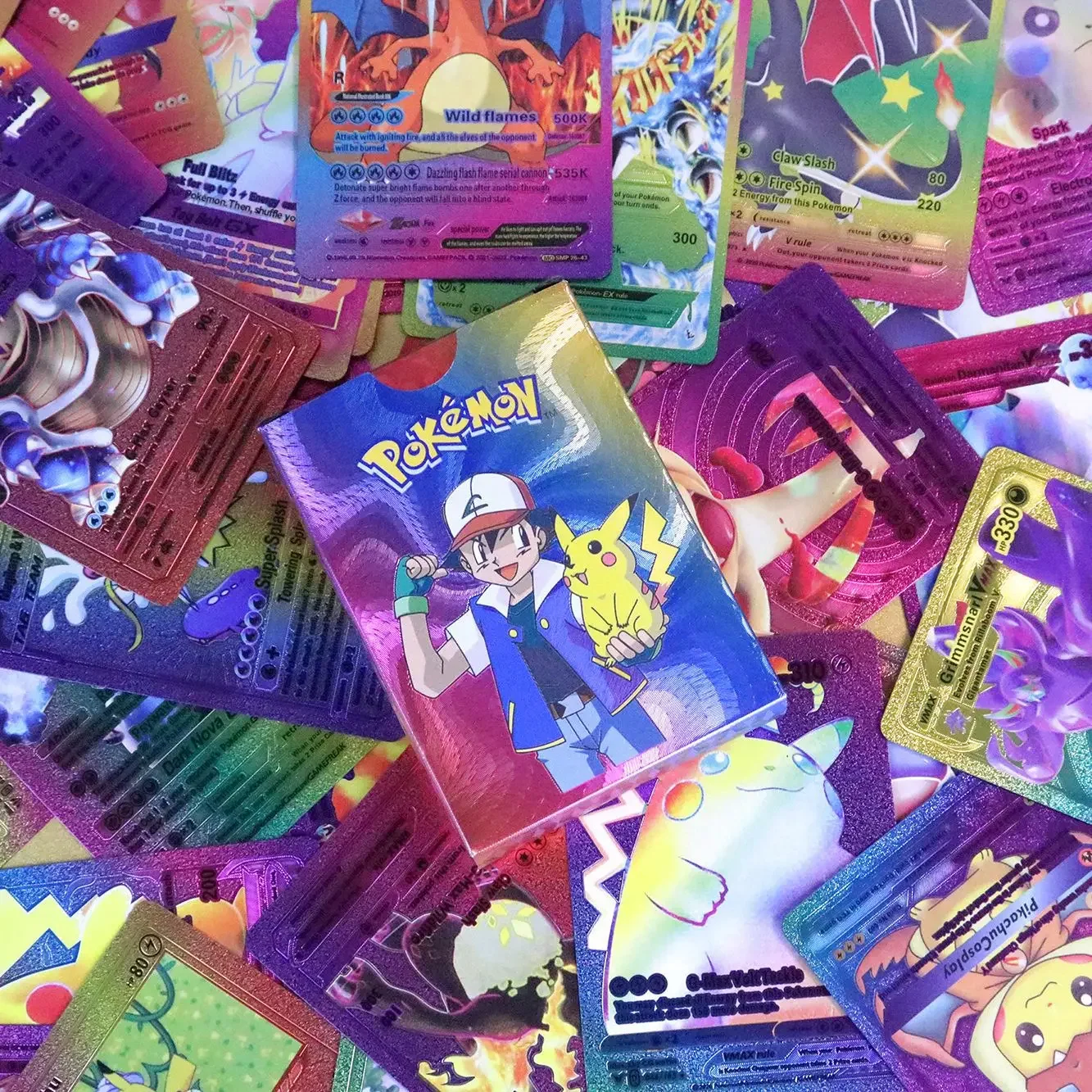 55 Uds. Tarjetas de Pikachu de lámina dorada en inglés, tarjetas originales doradas, plateadas y negras, soporte de juego de Anime, paquete de tablero, serie de juguetes de regalo para niños