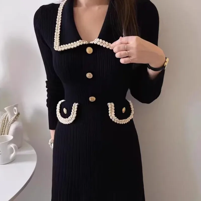 Contrast High Waist Vestidos Mujer Small Fragrance Women Dresses Korean Knitted Dress Long Sleeve Vestido 2024 Button Robes