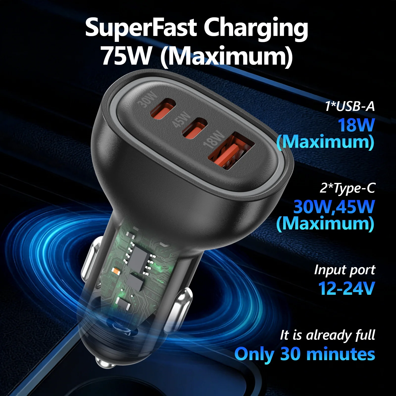 ANRMESUN 75W Car Charger 3-Port Type-C Fast Charging Adapter, 2 USB-C 45W 30W PD PPS QC3.0 + 1 USB-A 18W Cigarette Lighter Smart Power Distribution for MacBook Laptop iPad iPhone Samsung Galaxy S25 S24 Android, 12V-24V Compact Anti-Vibration Auto Charger