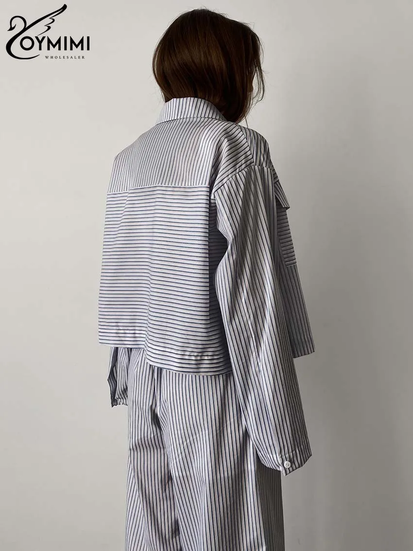 Oymimi-Ensemble 2 Pièces Élégant à Rayures Bleues pour Femme, Chemise à Manches sulfet Poches, Pantalon Droit, à Revers, à la Mode