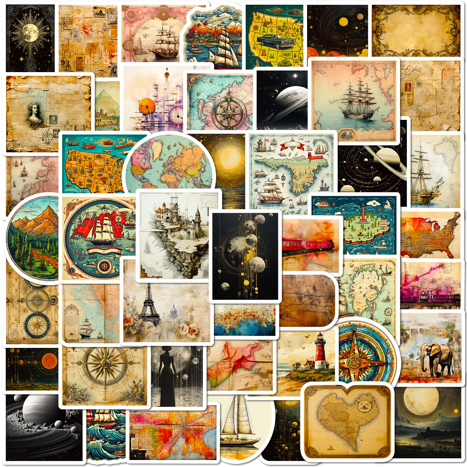 10/50pcs Vintage World Map Stickers Aesthetic Planet Moon Graffiti Decals Toy DIY Skateboard Phone Bike Wall Decoration Sticker