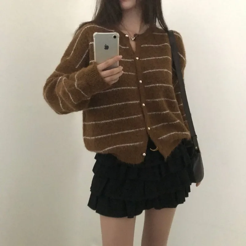 سترة نسائية محبوكة أنيقة مستديرة Ne سترة مخططة ناعمة لربيع الخريف متعددة الاستخدامات كسول Sle Age-Defng بلوزة مريحة #2