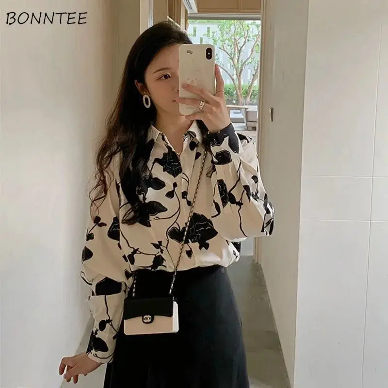 Shirts Women Tender M-4XL All-match Vintage Top Aesthetic Panelled Floral Autumn French Style Turn-down Collar Design Leisure