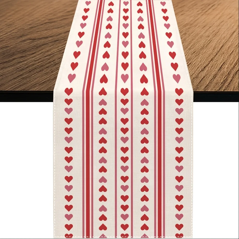 1 Tischläufer mit roten Herzstreifen, 2D-Flachdruck, romantische Heimdekoration, Esstischdecke, stilvoll, funktionell, lebendig, Valentinstag-Thema