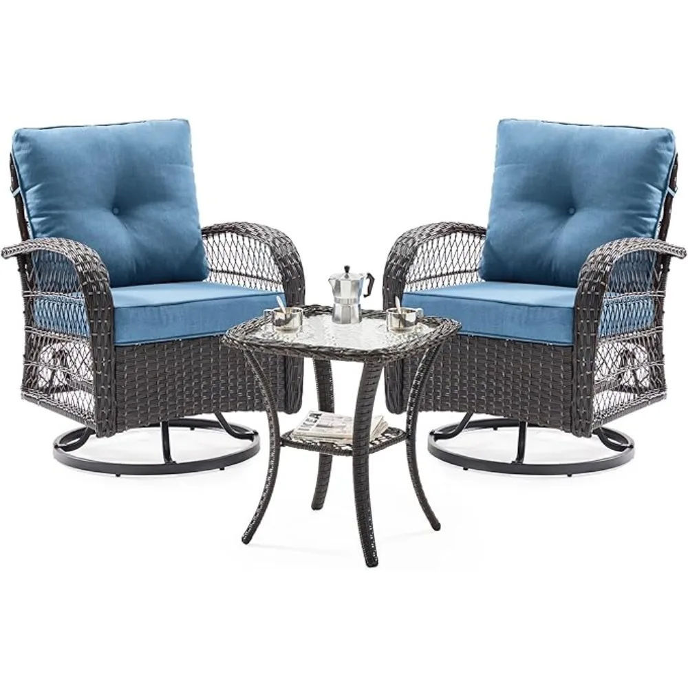 3Pieces Patio Furniture Set, Outdoor Swivel Gliders Rocker, Wicker Patio Bistro Set with Rattan Chair & Glass Top Side Table