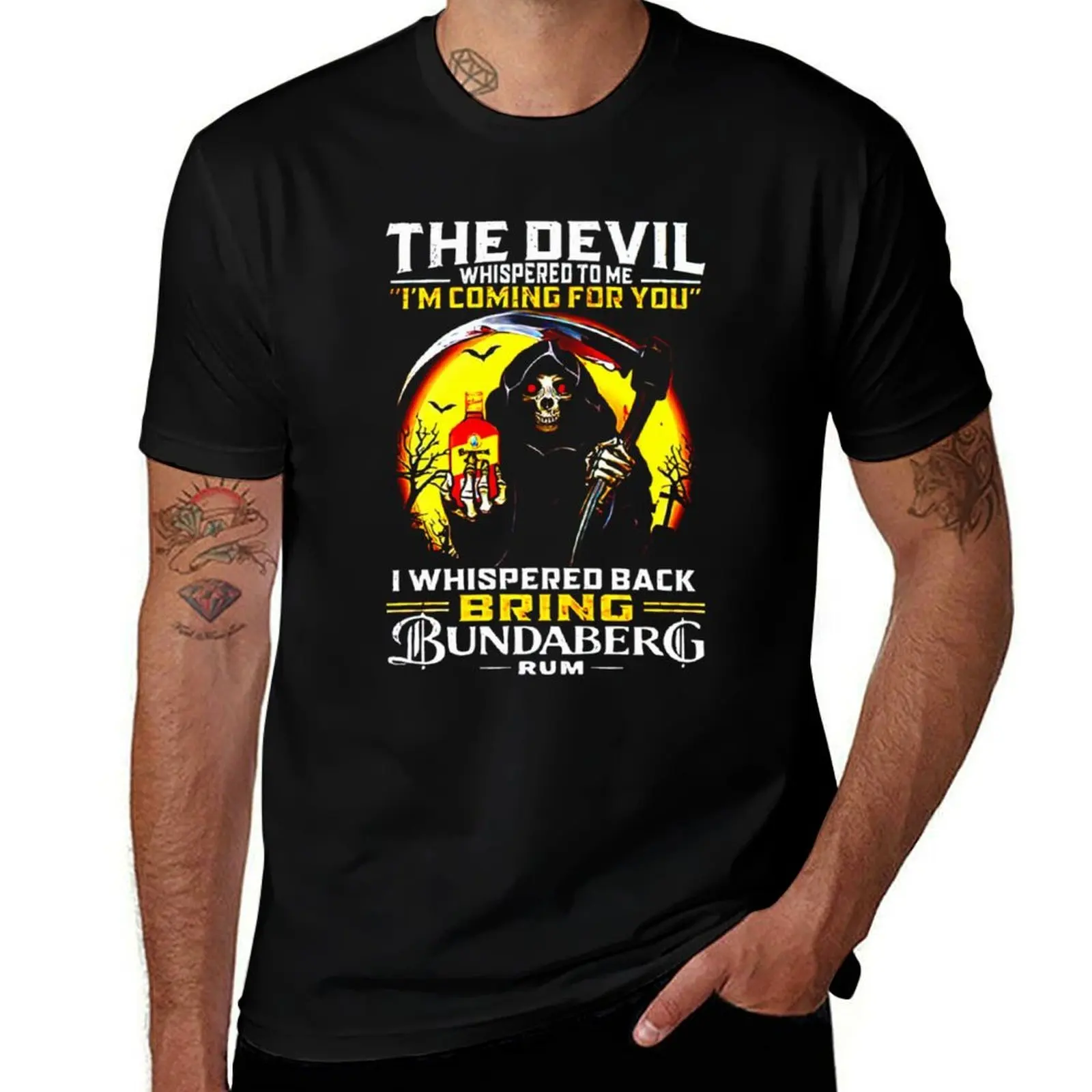 the devil whispered to me im coming for you i whispered back bring bundaberg rum 38 T-Shirt Street Art Print Tee Shirt