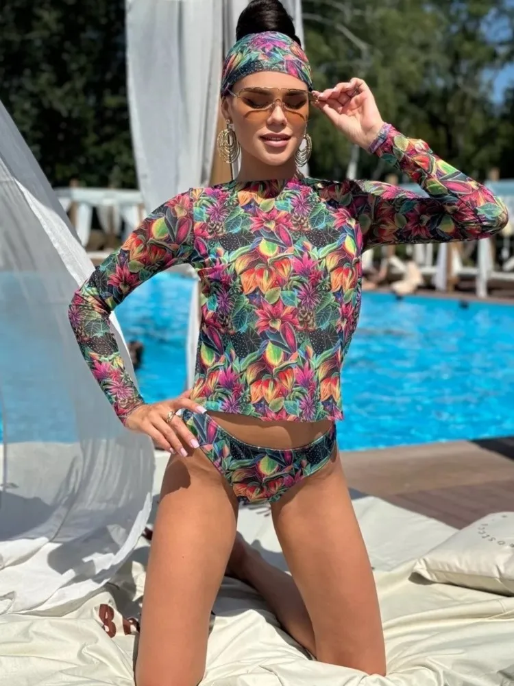 

Сетчатый сексуальный купальник с высокой талией, женский купальник 2026, летний купальный комплект бикини с длинными рукавами, пляжный купальный костюм для женщин Купальник