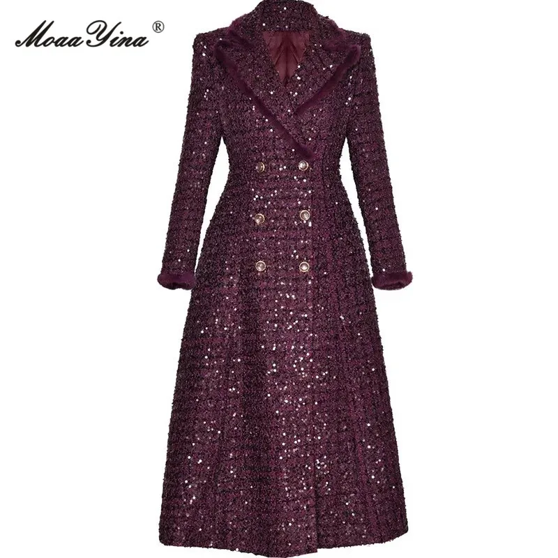 MoaaYina Fashion design Women's Coat Turn-Down Collar Long-Sleeved Double Breasted Sequins Slim Autumn and Winter Overcoat