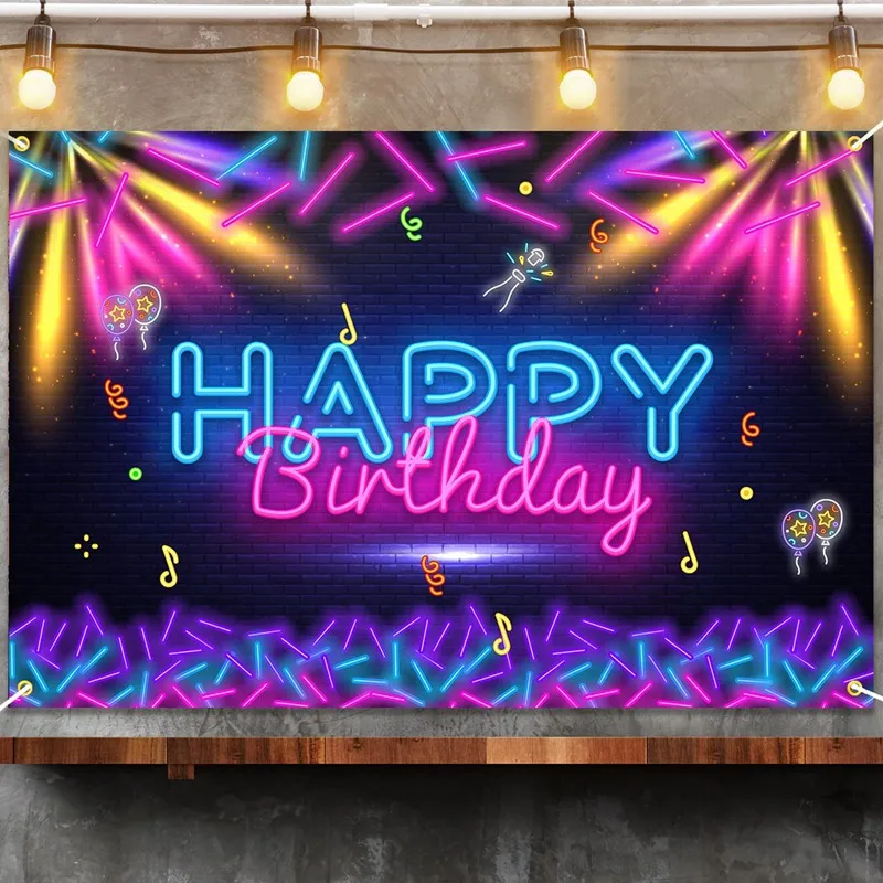 Fluorescence Backdrop Happy Birthday Party Decorations Kids Adults Backdrops Banner Curtain Baby Shower Photographic Background image 2