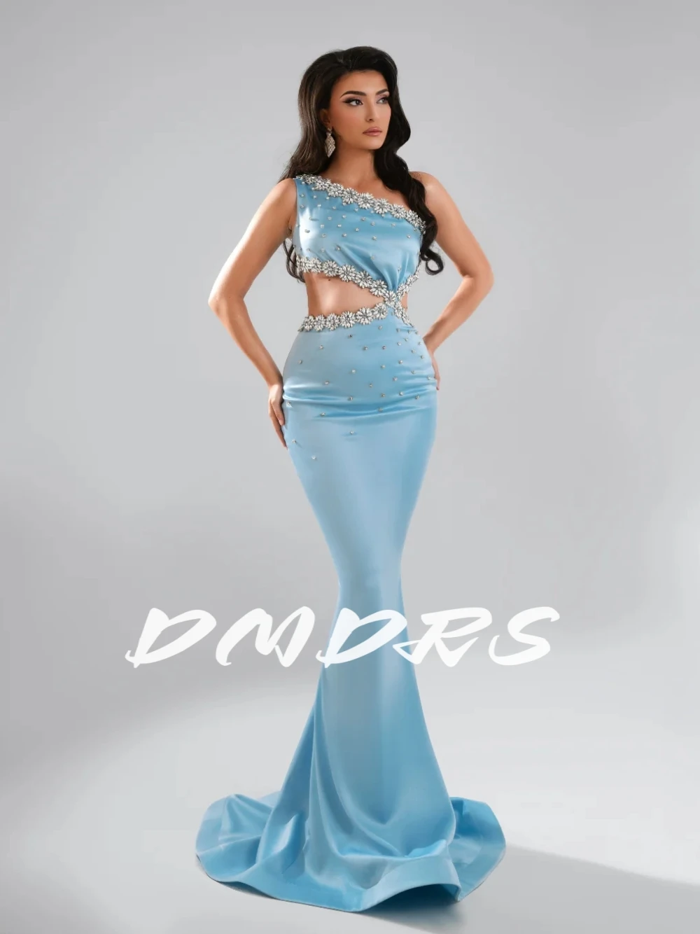 

Sky Blue Mermaid Dramatic Cut-out Evening Dress Popular Crystals Sleeveless Prom Gown Customized Fantasy Dinner Party Dresses