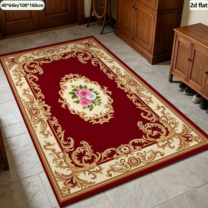 Luxury Red European Rose Medallion Carpet Flooring Square Area Rug Non-Slip Washable Floor Carpet for Hall Living Room Home
