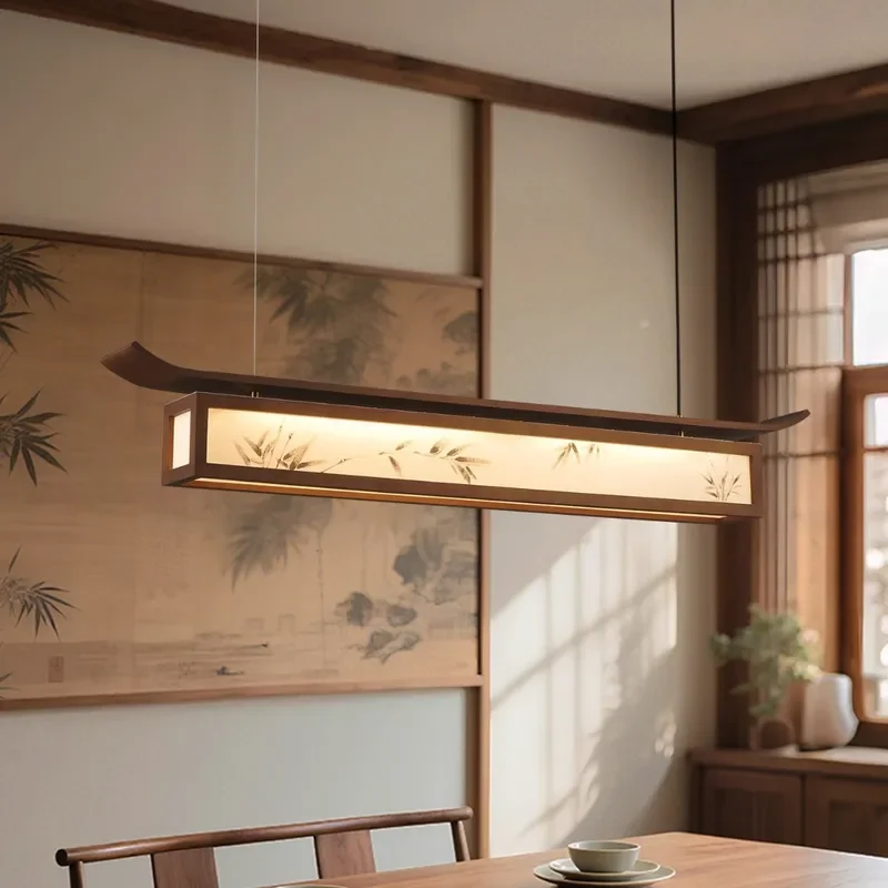 Chinese Style Bamboo Leaf Chandelier Solid Wood Zen Pendant Light Minimalist Eaves Design for Tea Room Restaurant Dining Area