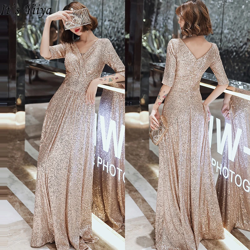 

Evening Dresses Champagne Sequins V-neck Half Sleeves Zipper Back Pleat A-line Floor Length Plus size Women Party Formal Gown