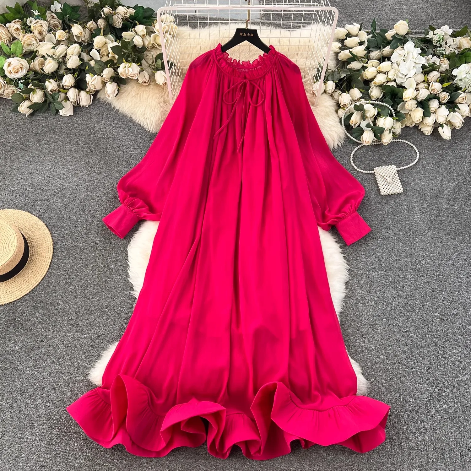 

Luxury Fashion Chic High Quality Ruffles Loose Casual Maxi Dress Women French Spring Autumn Party Holiday Evening Dresses