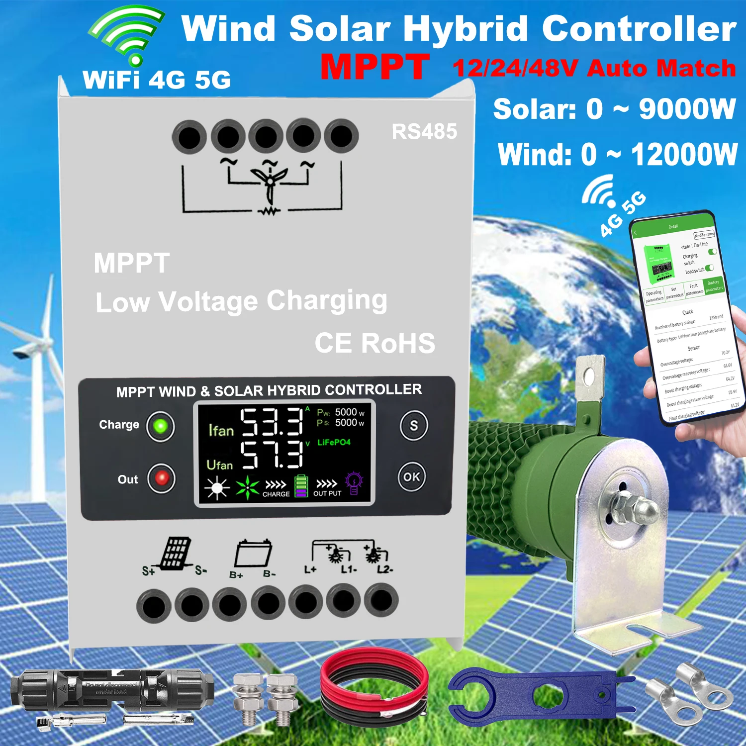 3000W Hybrid Wind Solar Controller Regulator MPPT Auto Match 12V 24V 48V Optional Bluetooth Android App For Hybrid Power System