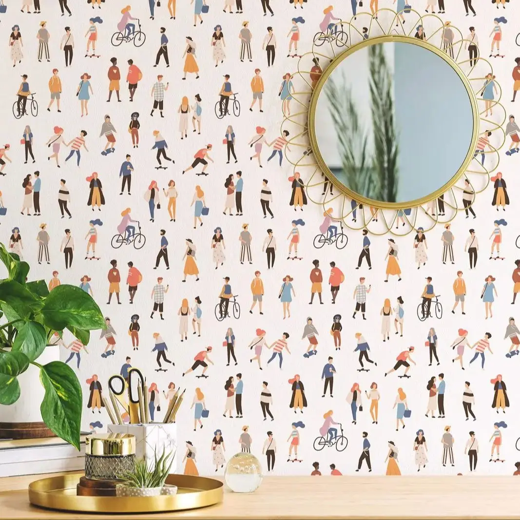 People in the City Wallpaper, Peel and Stick Fun Wallpaper For Home Decor,Colorful Wallpaper Self-adhesive /Traditional No-woven