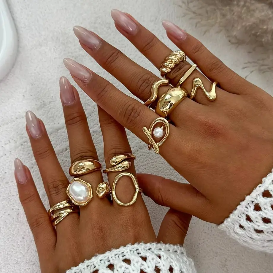 Ingemark 11 قطعة/المجموعة خمر تقليد خواتم اللؤلؤ للنساء 2026 جديد عصري غير النظامية المعادن المفصل خواتم مجموعة زوجين مجوهرات هدية #1