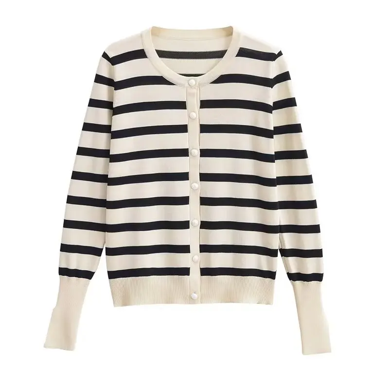 Women 2023 Spring Autumn New Sweaters O-neck Stripe Knitted Cardigan Fashion Long Sleeve Casual Short Tops Korean Style