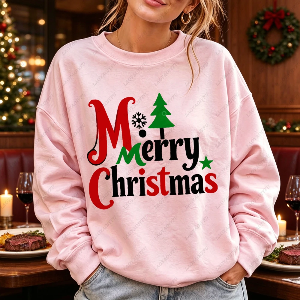 Vintage Christmas Letter Womens Sweatshirt Retro Color Block Merry Tree Snowflake Print Winter Xmas Pullover Holiday Letter Tops