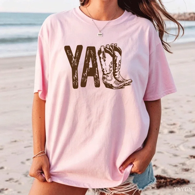 Yall Cowboy Boot Print T Shirt Women Crewneck Casual Wear for Women Western Style Country Music T-shirt Short Sleeve Tees Tops