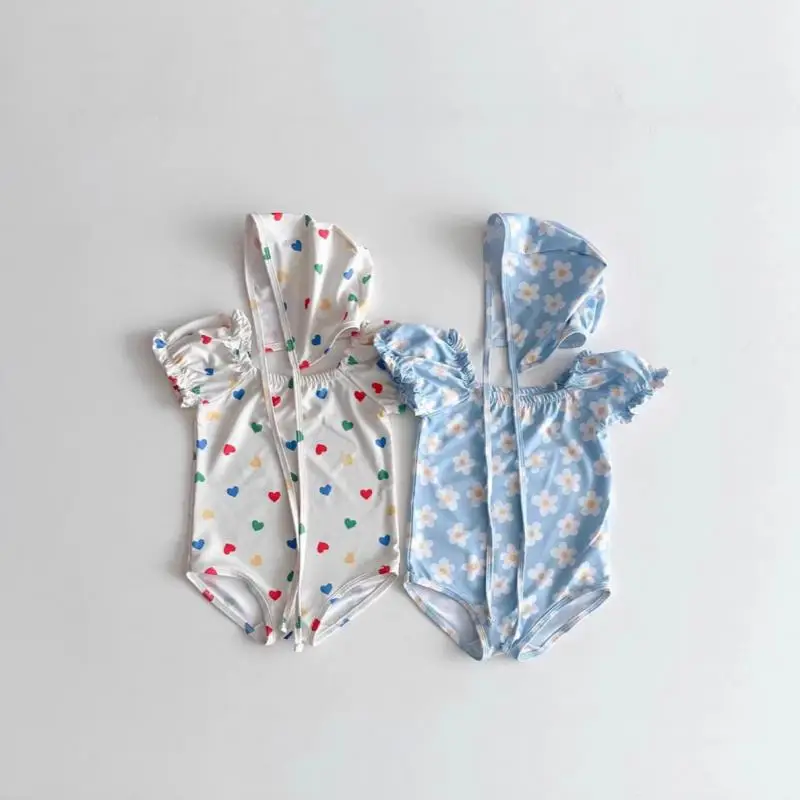 2026 New Baby Girl Cute Flower Print Bodysuit + Hat 2pcs Suit Newborn Infant Puff Sleeve Bathing Suit Toddler One Piece Swimsuit