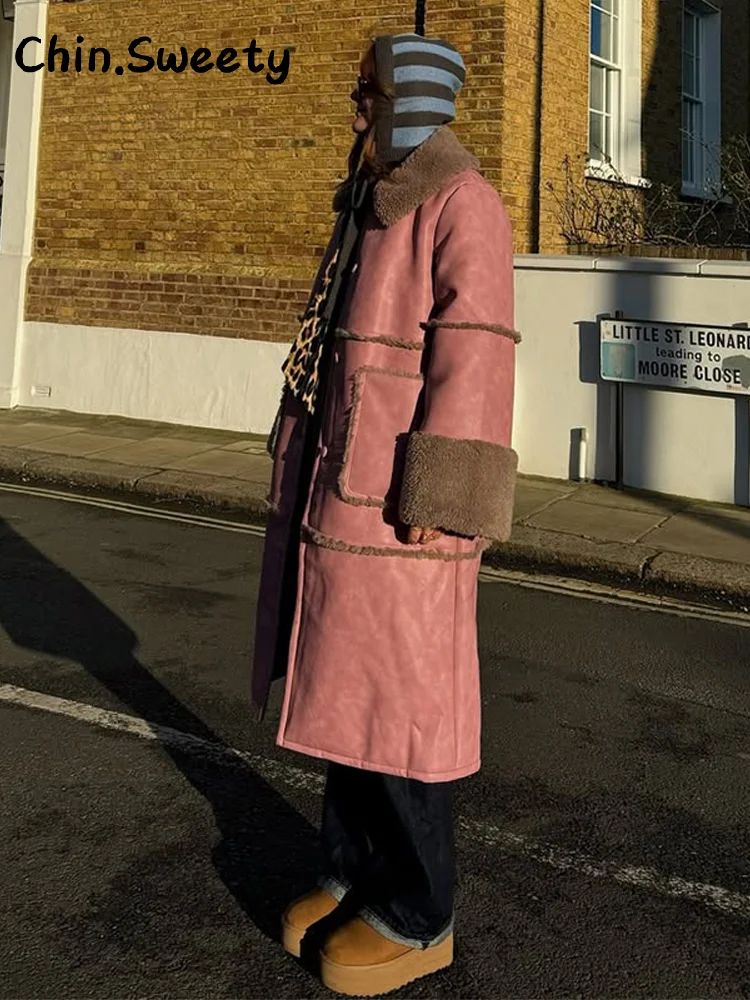 Elegante dames nepbont patchwork leren jas losse revers volledige mouw enkele rij knopen overjas 2025, herfst winter dame uitloper