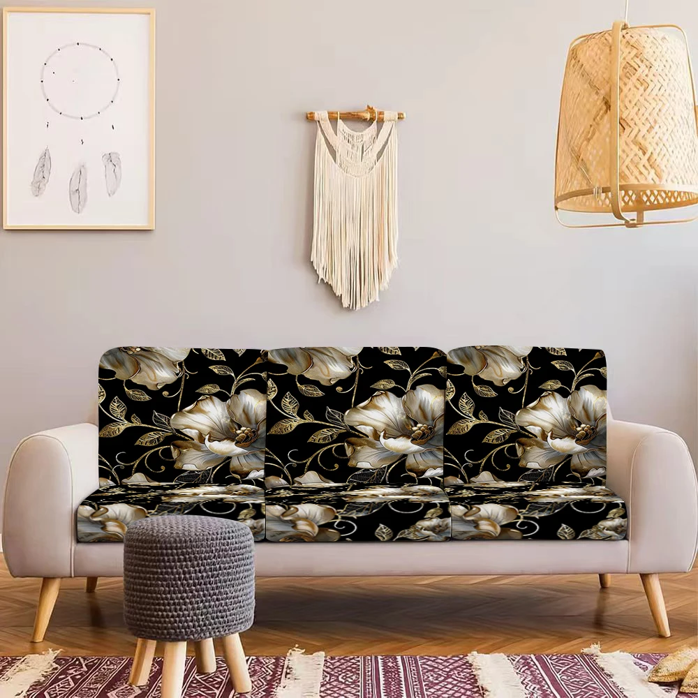 Summer Outdoor Sofa Cover, Luxurious Floral & Gold Leaf Printed Milk Silk Sofa Cushion Cover, Pet - Friendl