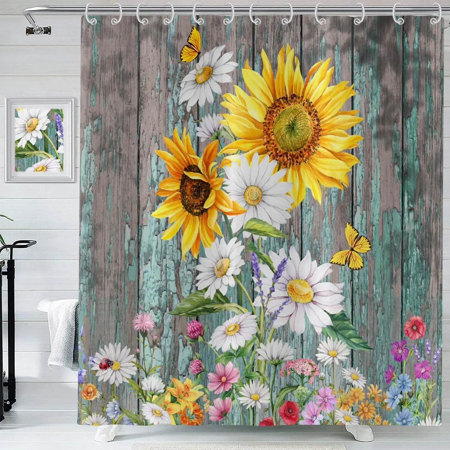 Farmhouse Shower Curtain,Spring Rustic Sunflower Daisy Wildflowers Wooded Bathroom Curtain Waterproof Fabric Washable with Hooks