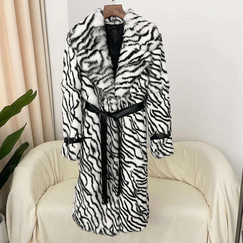 Rabbit Fur Coat Over Knee Whole Leather Imported Women Fashion Leopard Print Coat Thickened Warm Fur Integrated Autumn Winter