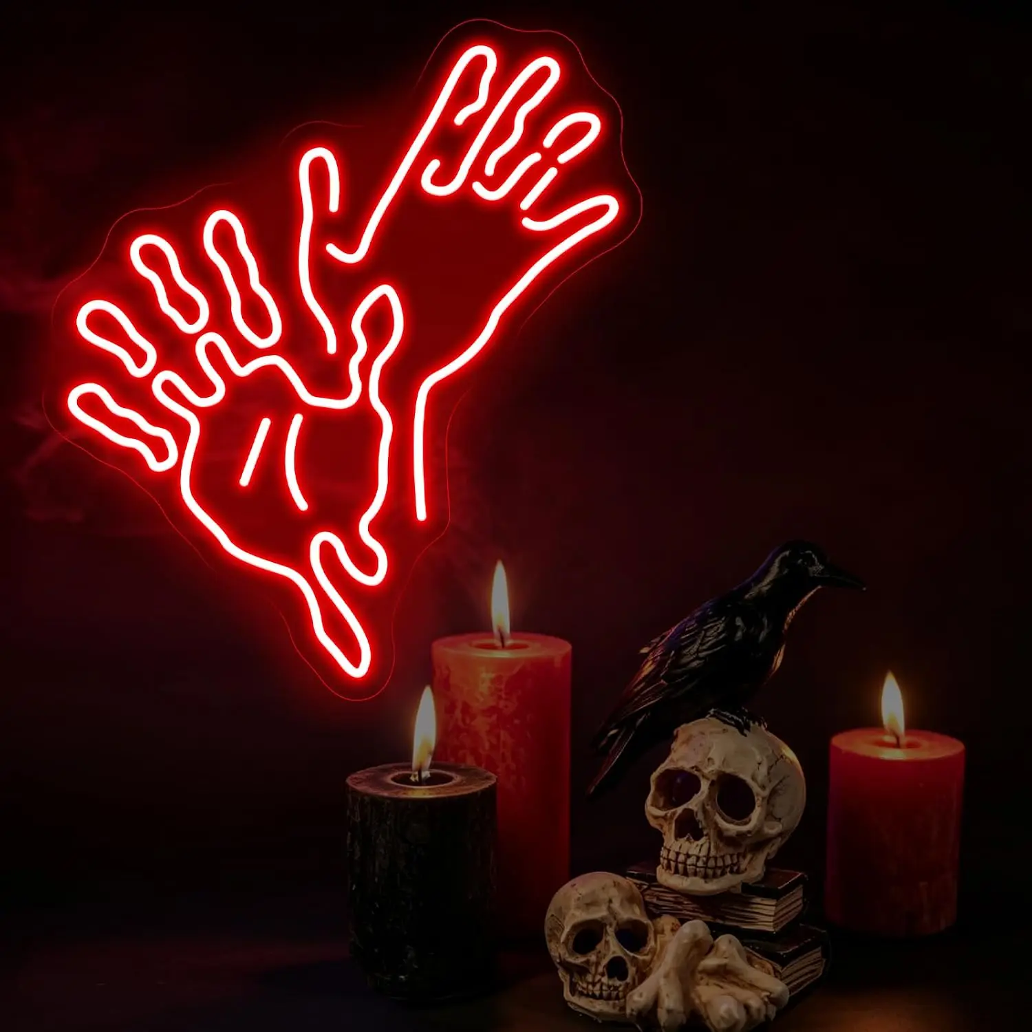 Neon Sign Red LED Glowing Hands with Skull for Halloween Gothic Spooky Home Bedroom Bar Man Cave Decor USB Powered Neon Light