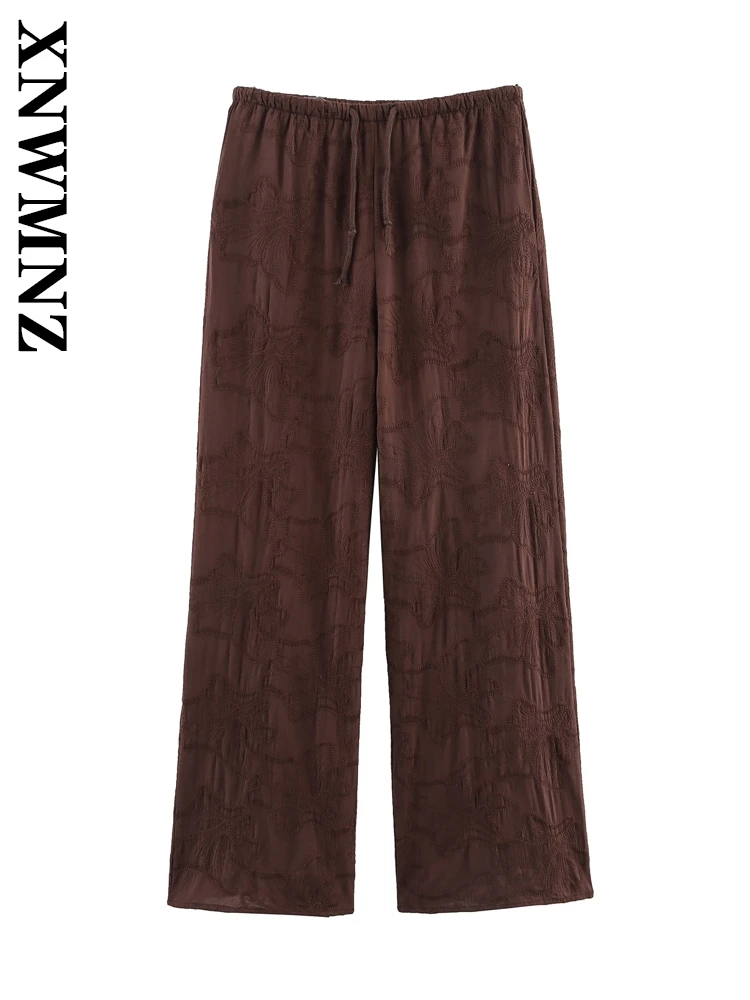 

XNWMNZ 2025 Spring New Lady Fashion Casual tie-waist High Waist Vintage Summer Woman's embroidery Long Pants Simple Loose Fit