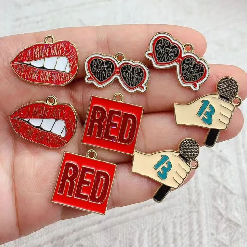 10pcs Mouth Red Lips Microphone glasses Enamel Alloy Charms Pendant For Women DIY Keychain Earrings Jewelry Making Accessories
