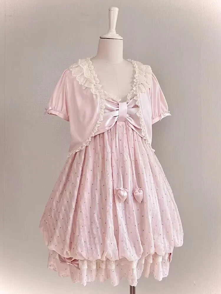 

Japanese Style Lace Bowknot Polka Dot Dress Cardigan 2 Piece Set Women Sweet Girls Lolita Princess A-line Cardigan Dress Outfit