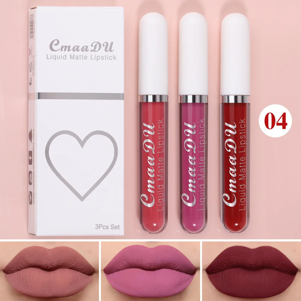 CmaaDU 3 Color Red Sexy Matte Liquid Lipstick Lip Gloss Set Makeup Moisturizing Anti-Cracking Non-stick Cup Lip Stick Lipgloss