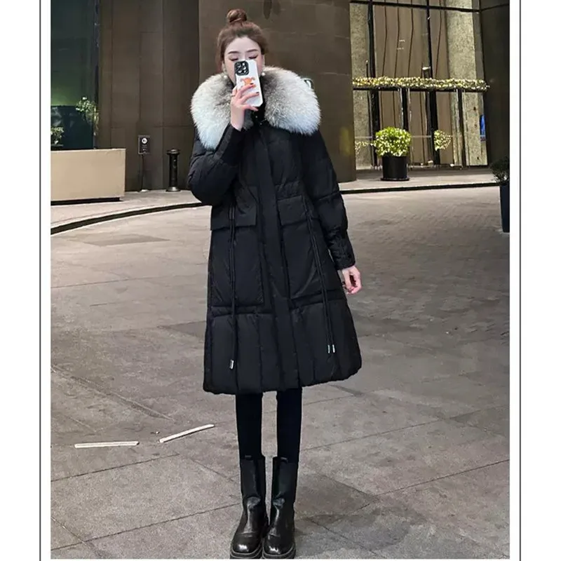 سترة نسائية بياقة من فراء الثعلب الحقيقي 95% من ريش الإوز الأبيض لشتاء 2025 النسخة الكورية الجديدة معطف فضفاض وسميك ودافئ معطف سترة #3