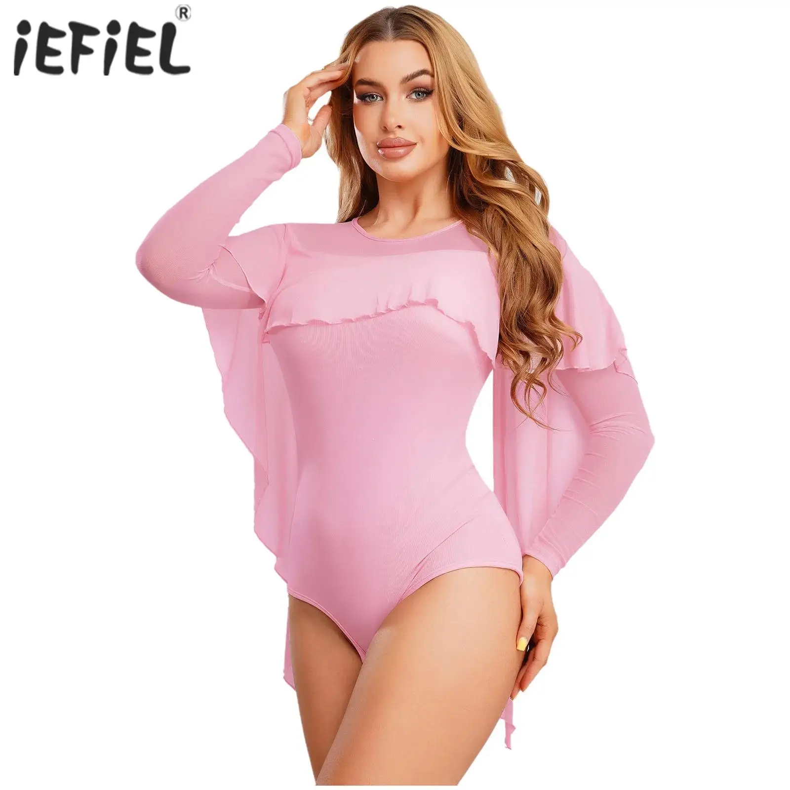 

Женское гимнастическое балетное боди для лирического танца, сетчатое нерегулярное наложение, купальник с длинными рукавами и открытой промежностью, современный танцевальный костюм