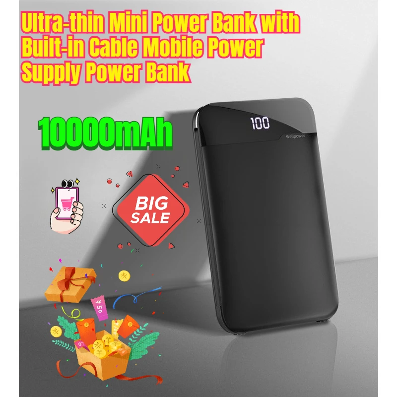 

10000mAh Ultra-thin Mini Power Bank with Built-in Cable Mobile Power Supply Power Bank