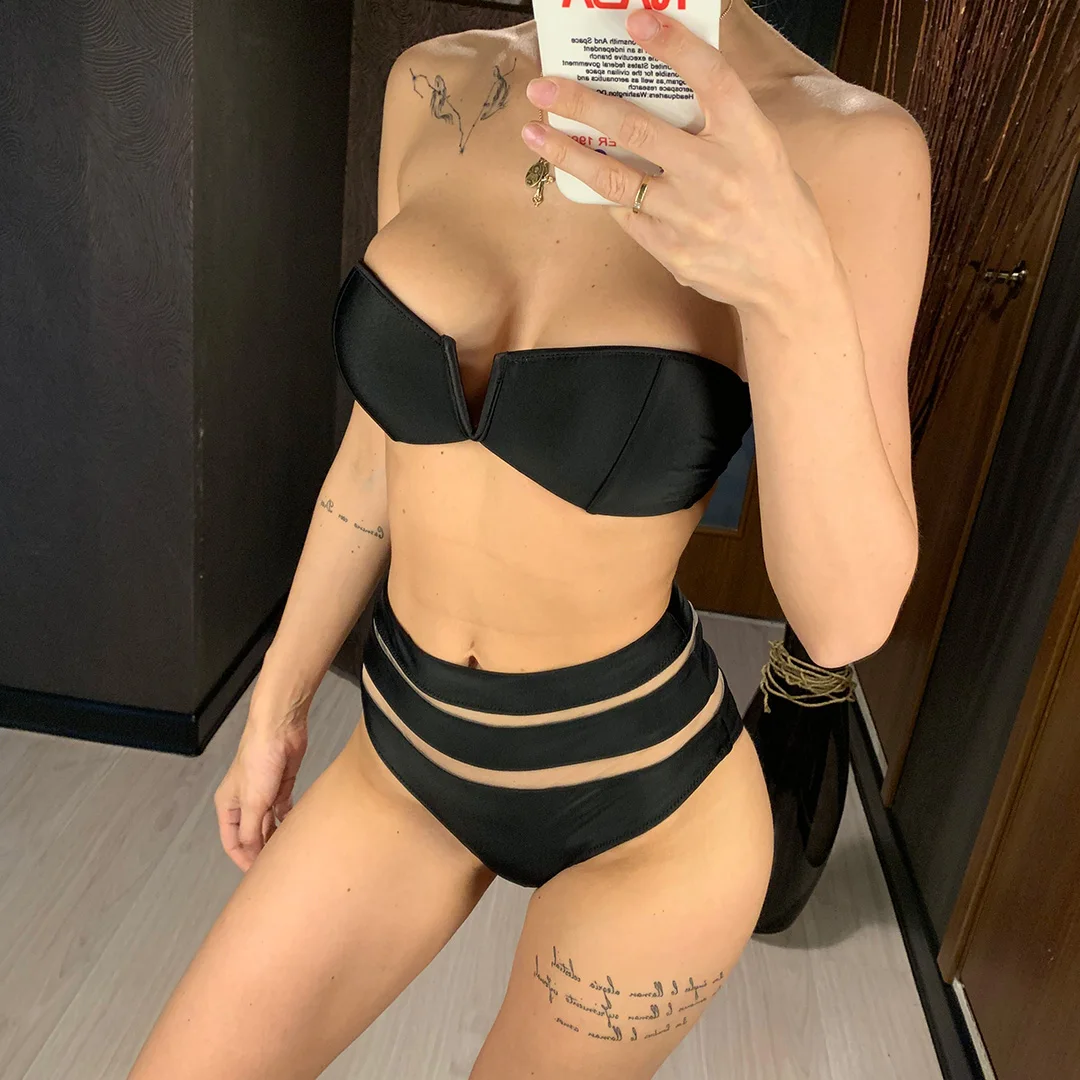 Sexy High-Waist-Bikini-Bandeau-Badeanzug für Damen, 2020, zweiteiliger Bikini-Set mit BH-Cup, Badebekleidung, Badeanzug V1297 – Detail 3