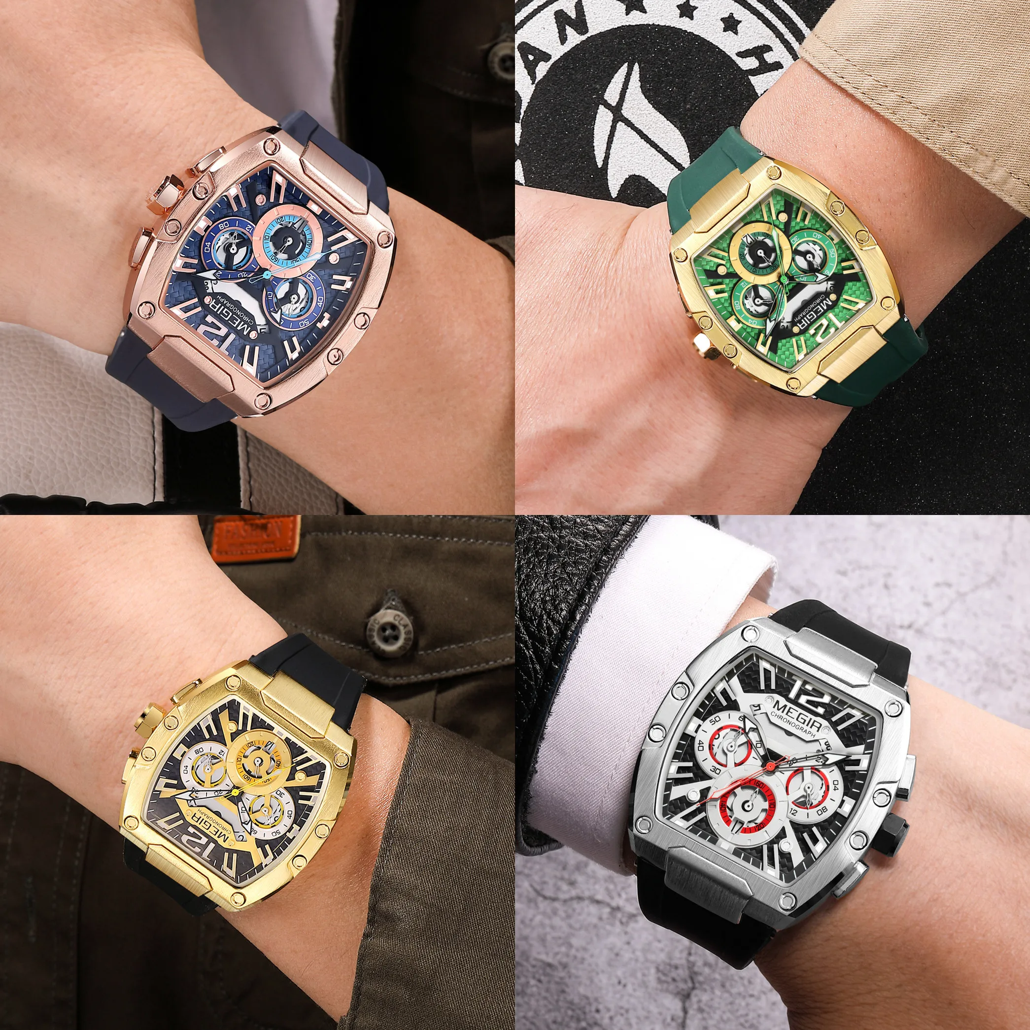 MEGIR الفاخرة الأخضر سيليكون كرونوغراف الرجال الرياضة ساعة تونيو الهاتفي مقاوم للماء الكوارتز العسكرية ساعة اليد 24 ساعة تاريخ Relogio