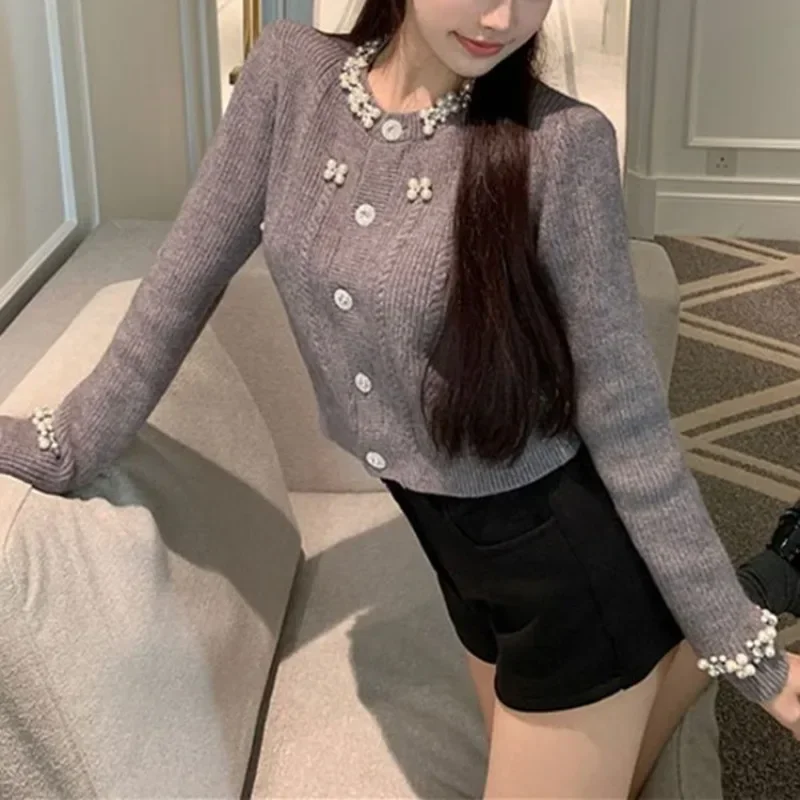 Ezgaga Autumn Winter Knitted Cardigan Women Beaded O Neck Single Breasted Outwear Cropped Sweater French Style Chic Elegant