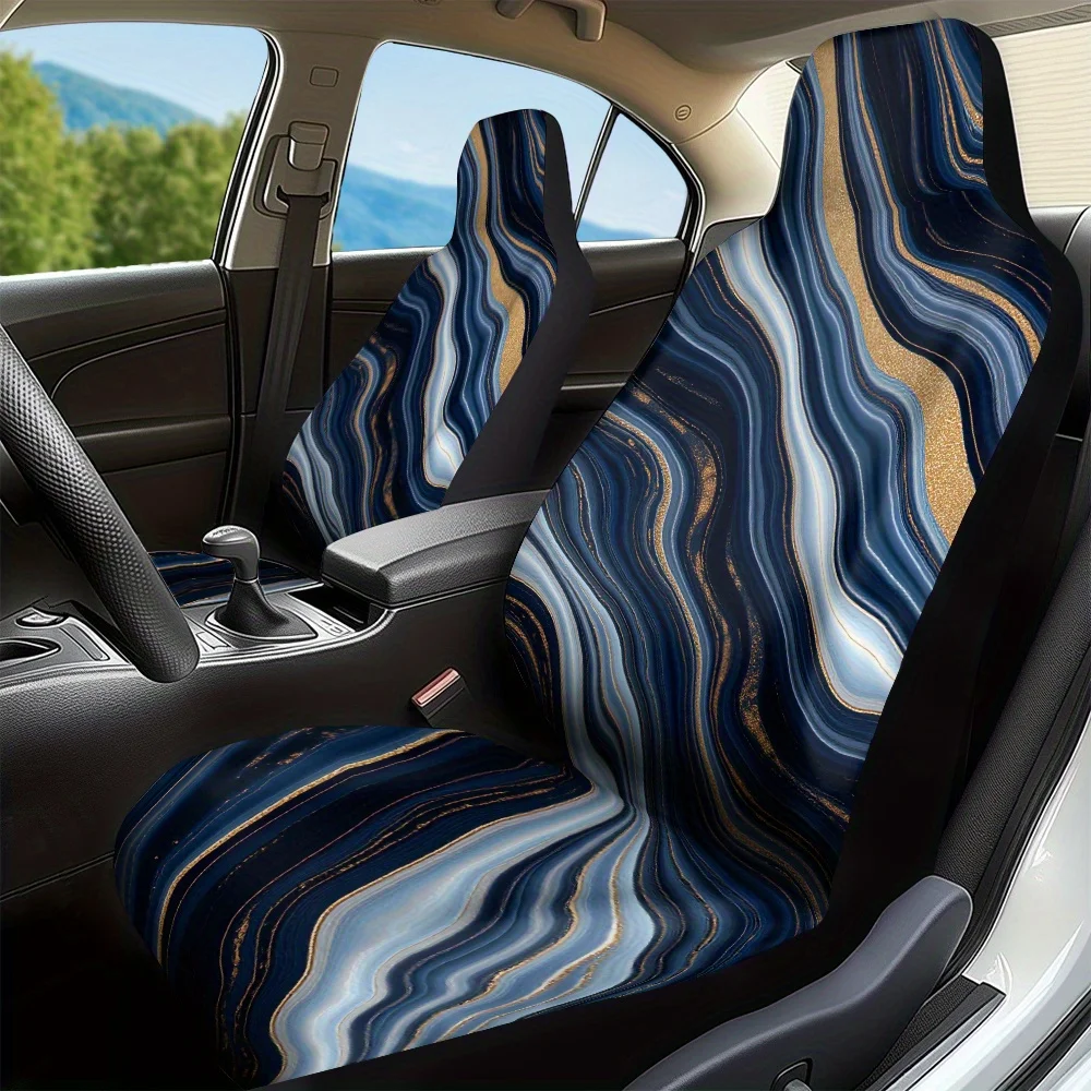 

2pcs Abstract Marble Blue Golden Print Front Seat Covers | Universal Fit, Polyester, Machine Washable, Stylish Auto Accessory Fo