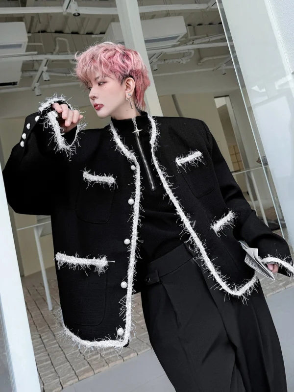 

TANGZ STUDIO Men's Suit Jaet oulder Pad Design Color Blo Frayed Casual Sle Spring Faion Long Sve Coat