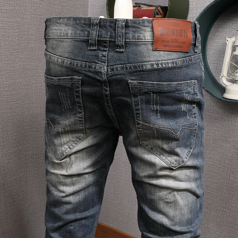 Fashion Vintage Men Jeans Retro Black Blue Elastic Stretch Slim Ripped Jeans Men Distressed Washed Designer Denim Pants Hombre