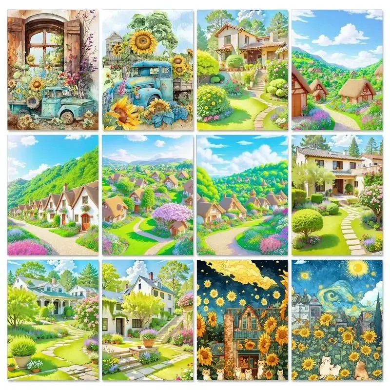 287425 Acrylic Paint By Numbers For Adults Rural Sunflower Scenery Picture With Numbers Drawing On Canvas Art