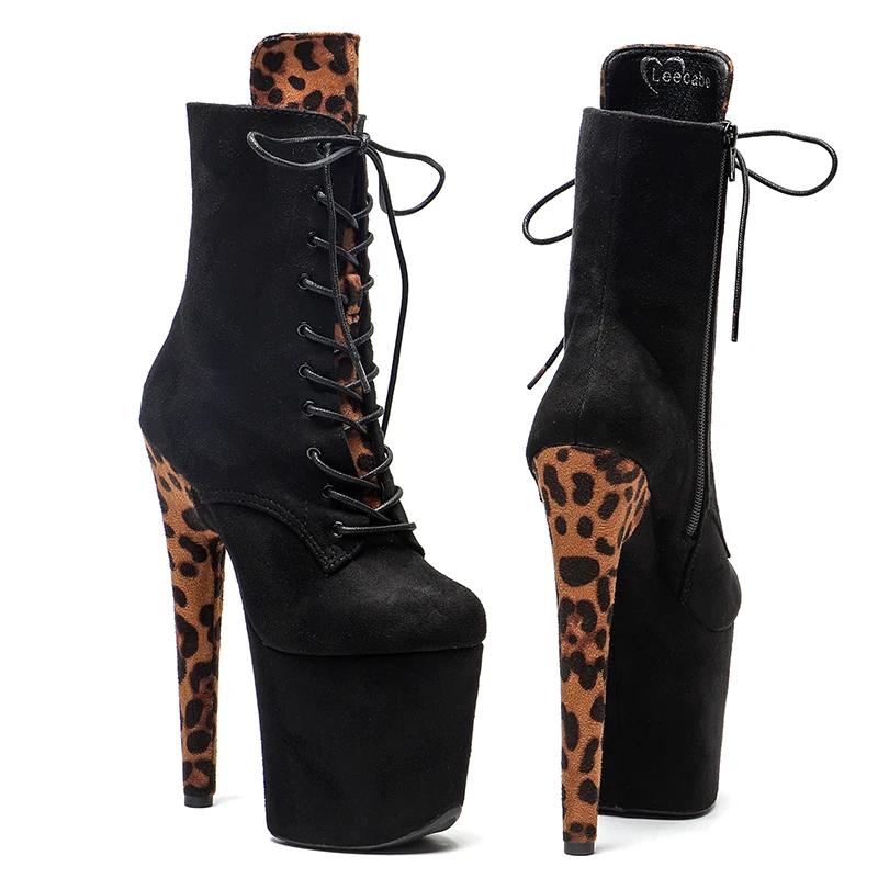 Leecabe   20CM/8inches  Suede with  Leopard print Upper  Trend fashion  High Heel platform stripper heel  Pole Dance boots