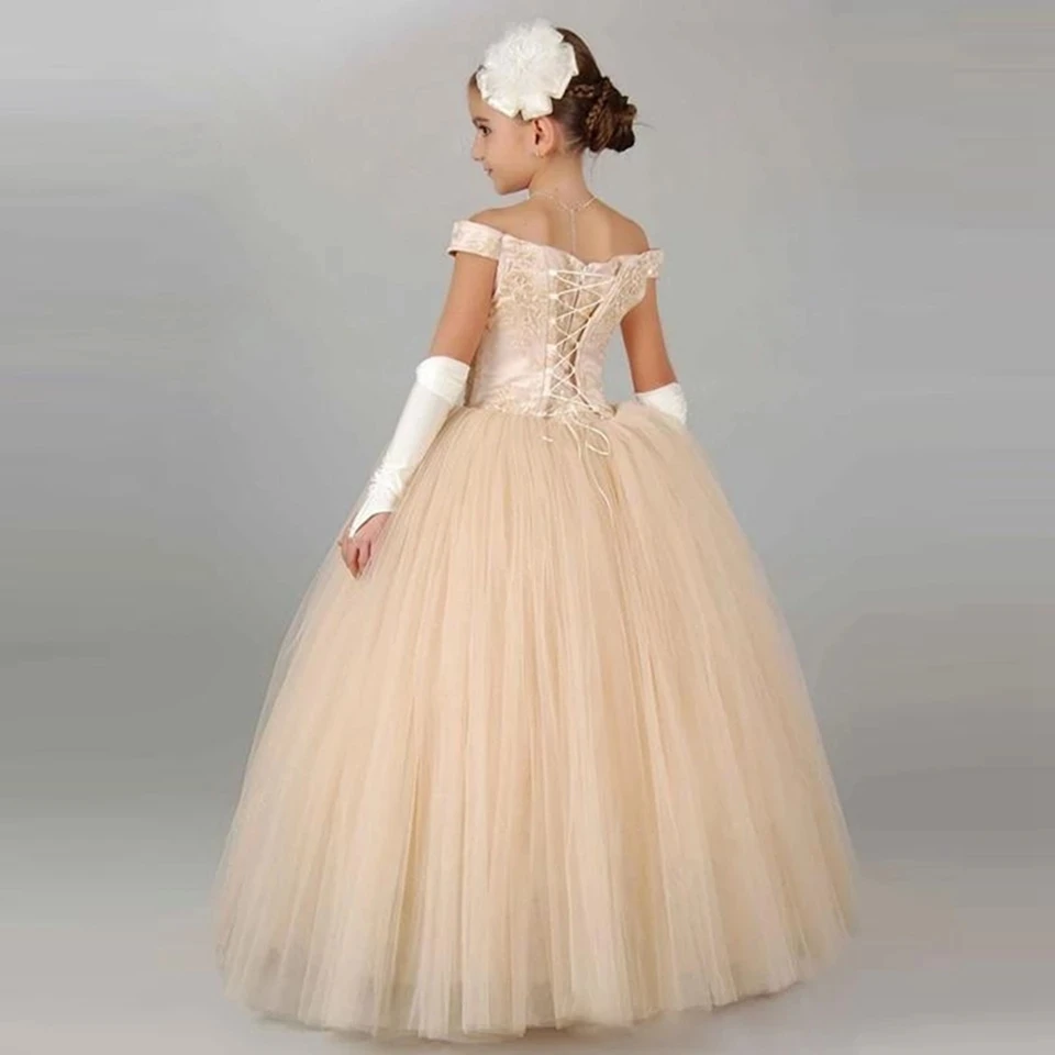 

New Luxury Ball Gown Fower Girl Dresses Off The Shoulder Appliques Lace Princess For Weddings Elegant Pageant